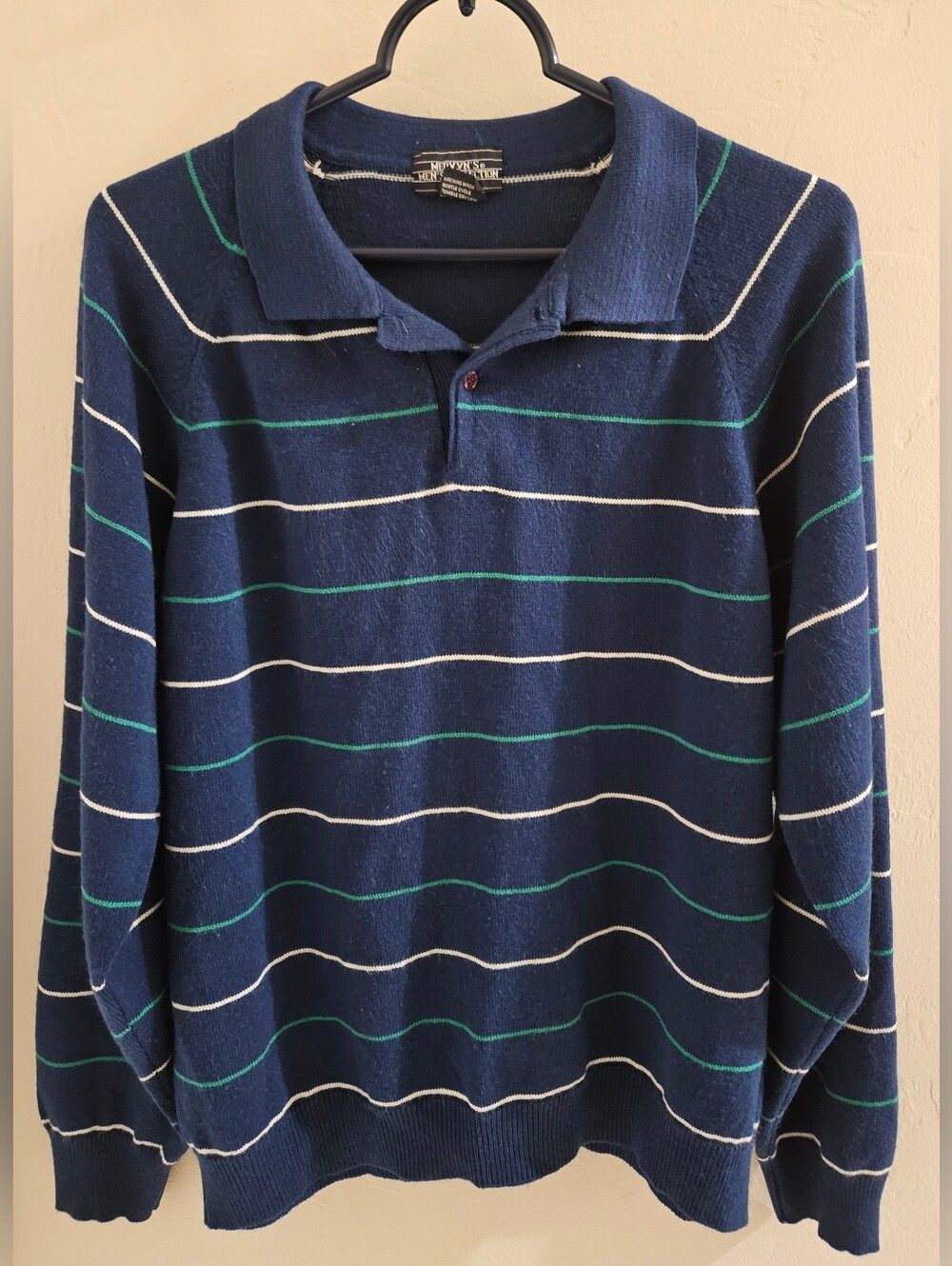 Vtg Mervyns Mens Collection Pullover Sweater Striped Acrylic Knit Blue White Med